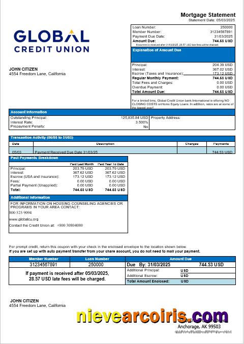 USA Alaska Global Credit Union bank mortgage statement
